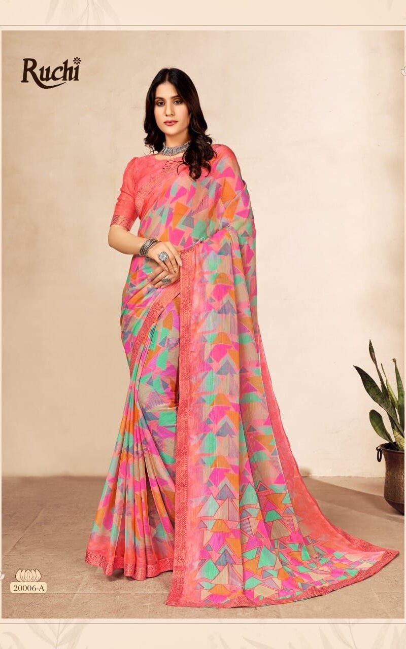 Simayaa 13th Edition Ruchi Wholesale Saree Market In Surat - Wholesale Saree BRAND NAME: - *Ruchi* Sarees Presents CATALOG NAME - *Simayaa 13th Edition*. SERIES - *20001A TO 20006B* Pcs. - 12. Fabric - Chiffon saree with attached Banarsi Border. RATE - 575/- per pcs GST 5 Percent Extra BOOK YOUR ORDER NOW