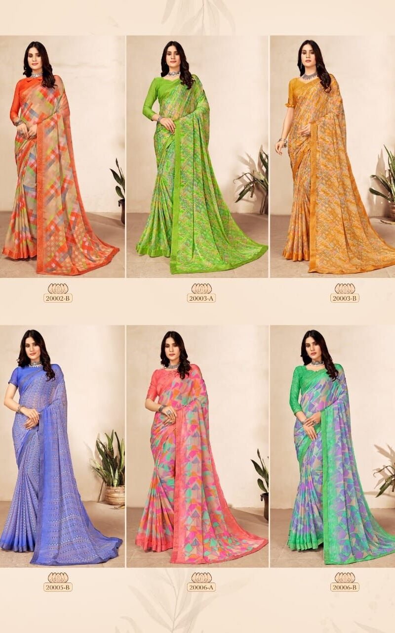 Simayaa 13th Edition Ruchi Wholesale Saree Market In Surat - Wholesale Saree BRAND NAME: - *Ruchi* Sarees Presents CATALOG NAME - *Simayaa 13th Edition*. SERIES - *20001A TO 20006B* Pcs. - 12. Fabric - Chiffon saree with attached Banarsi Border. RATE - 575/- per pcs GST 5 Percent Extra BOOK YOUR ORDER NOW