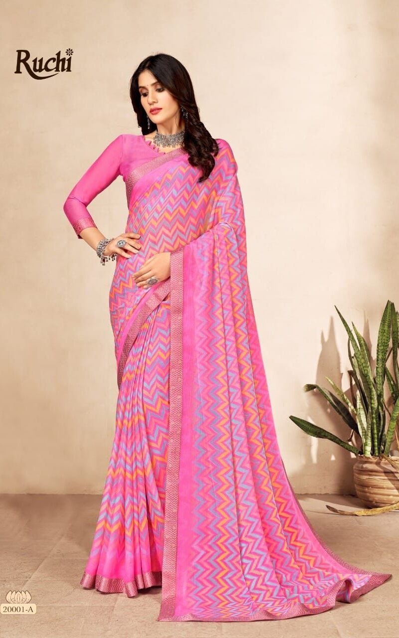Simayaa 13th Edition Ruchi Wholesale Saree Market In Surat - Wholesale Saree BRAND NAME: - *Ruchi* Sarees Presents CATALOG NAME - *Simayaa 13th Edition*. SERIES - *20001A TO 20006B* Pcs. - 12. Fabric - Chiffon saree with attached Banarsi Border. RATE - 575/- per pcs GST 5 Percent Extra BOOK YOUR ORDER NOW