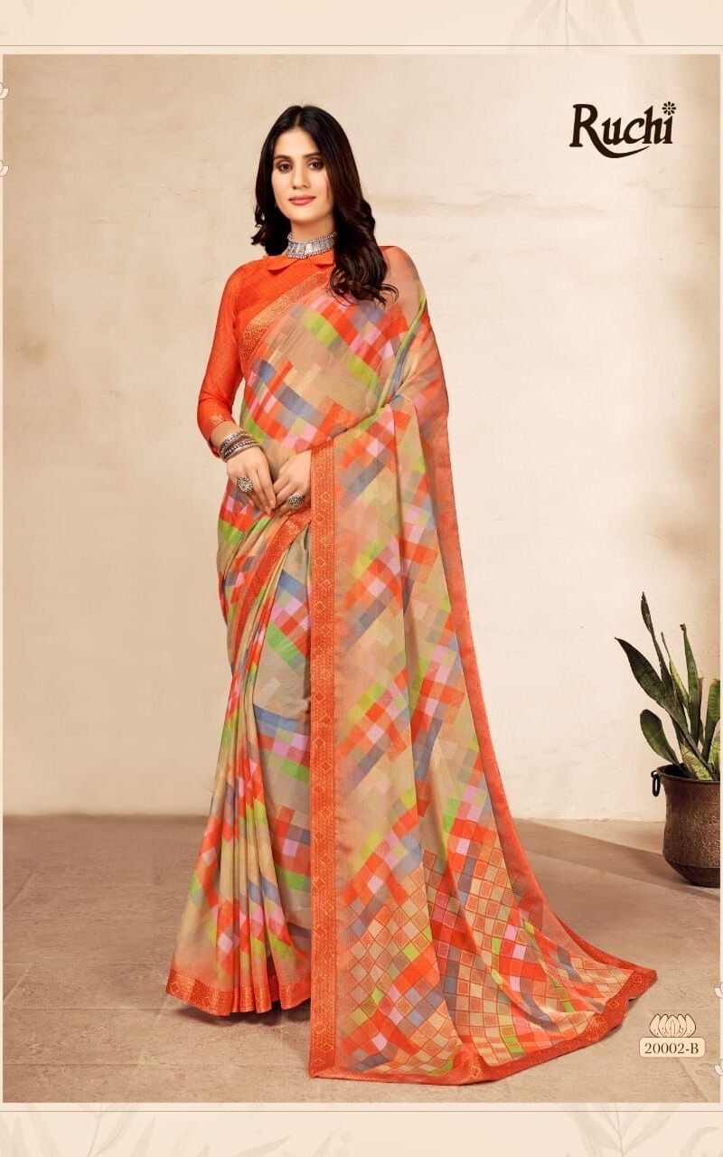 Simayaa 13th Edition Ruchi Wholesale Saree Market In Surat - Wholesale Saree BRAND NAME: - *Ruchi* Sarees Presents CATALOG NAME - *Simayaa 13th Edition*. SERIES - *20001A TO 20006B* Pcs. - 12. Fabric - Chiffon saree with attached Banarsi Border. RATE - 575/- per pcs GST 5 Percent Extra BOOK YOUR ORDER NOW