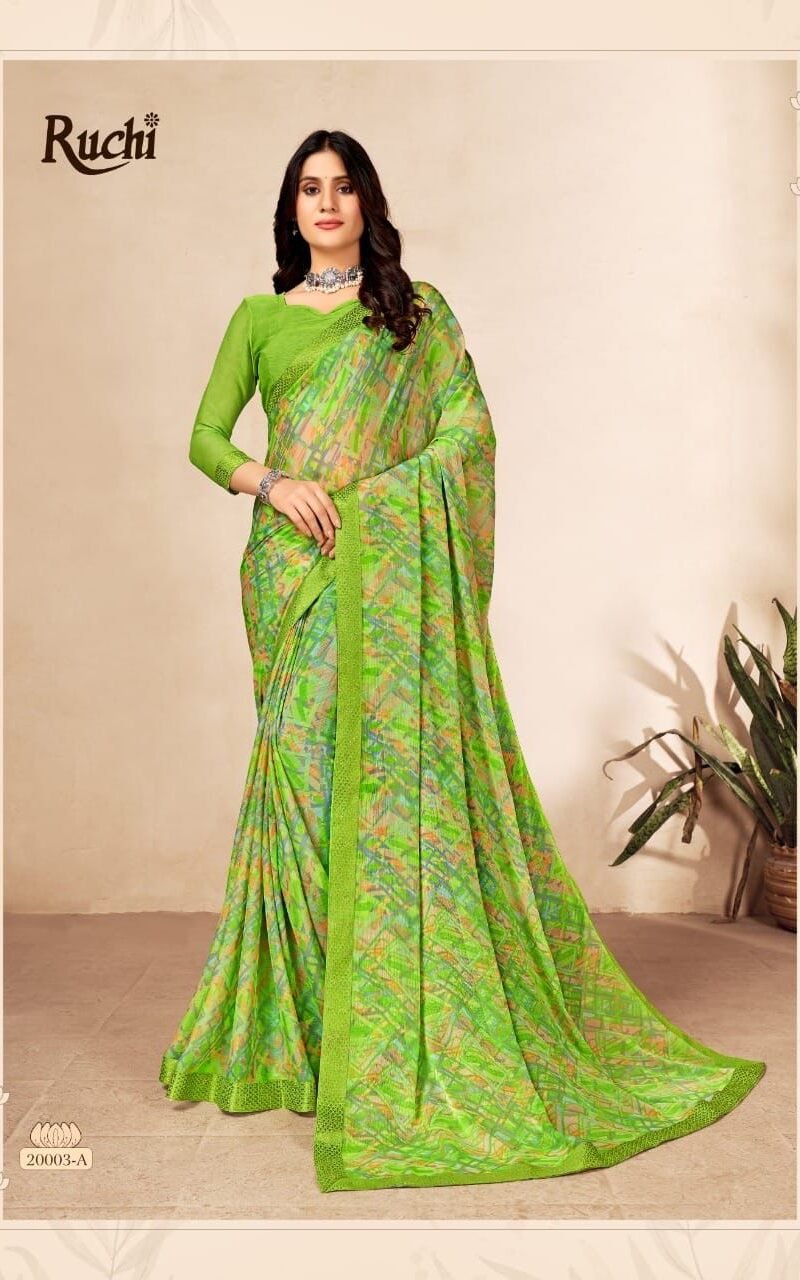 Simayaa 13th Edition Ruchi Wholesale Saree Market In Surat - Wholesale Saree BRAND NAME: - *Ruchi* Sarees Presents CATALOG NAME - *Simayaa 13th Edition*. SERIES - *20001A TO 20006B* Pcs. - 12. Fabric - Chiffon saree with attached Banarsi Border. RATE - 575/- per pcs GST 5 Percent Extra BOOK YOUR ORDER NOW