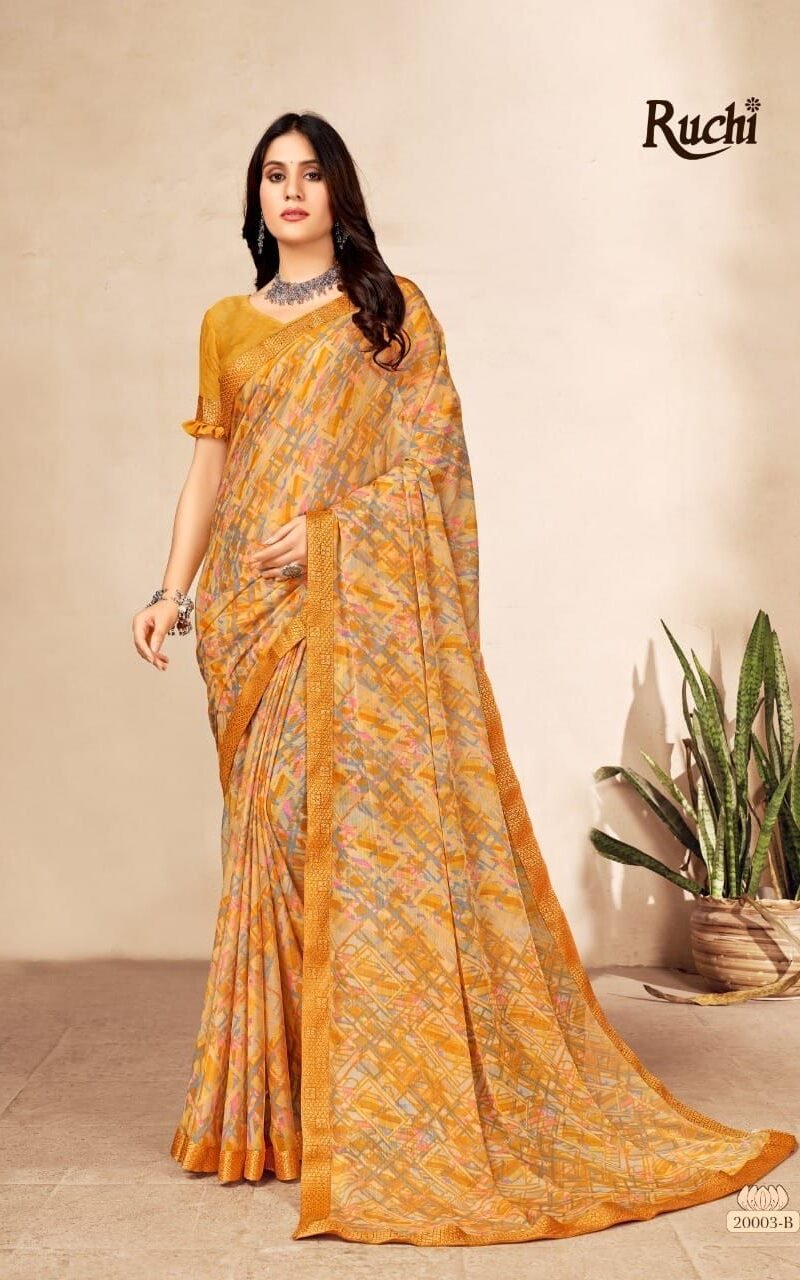 Simayaa 13th Edition Ruchi Wholesale Saree Market In Surat - Wholesale Saree BRAND NAME: - *Ruchi* Sarees Presents CATALOG NAME - *Simayaa 13th Edition*. SERIES - *20001A TO 20006B* Pcs. - 12. Fabric - Chiffon saree with attached Banarsi Border. RATE - 575/- per pcs GST 5 Percent Extra BOOK YOUR ORDER NOW