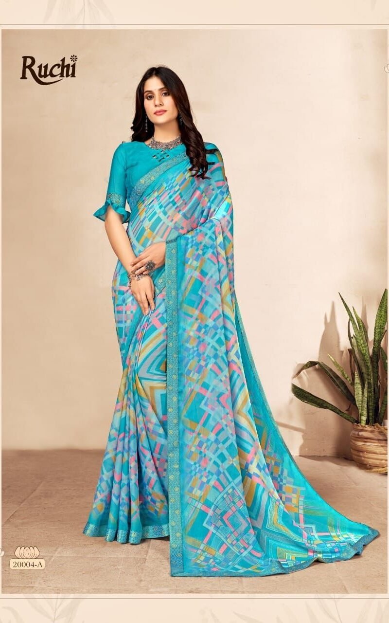 Simayaa 13th Edition Ruchi Wholesale Saree Market In Surat - Wholesale Saree BRAND NAME: - *Ruchi* Sarees Presents CATALOG NAME - *Simayaa 13th Edition*. SERIES - *20001A TO 20006B* Pcs. - 12. Fabric - Chiffon saree with attached Banarsi Border. RATE - 575/- per pcs GST 5 Percent Extra BOOK YOUR ORDER NOW