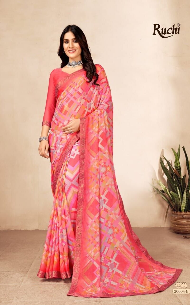 Simayaa 13th Edition Ruchi Wholesale Saree Market In Surat - Wholesale Saree BRAND NAME: - *Ruchi* Sarees Presents CATALOG NAME - *Simayaa 13th Edition*. SERIES - *20001A TO 20006B* Pcs. - 12. Fabric - Chiffon saree with attached Banarsi Border. RATE - 575/- per pcs GST 5 Percent Extra BOOK YOUR ORDER NOW