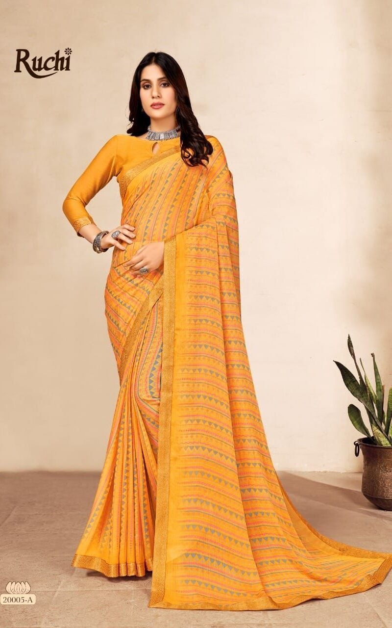 Simayaa 13th Edition Ruchi Wholesale Saree Market In Surat - Wholesale Saree BRAND NAME: - *Ruchi* Sarees Presents CATALOG NAME - *Simayaa 13th Edition*. SERIES - *20001A TO 20006B* Pcs. - 12. Fabric - Chiffon saree with attached Banarsi Border. RATE - 575/- per pcs GST 5 Percent Extra BOOK YOUR ORDER NOW
