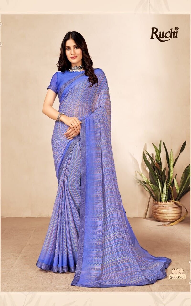 Simayaa 13th Edition Ruchi Wholesale Saree Market In Surat - Wholesale Saree BRAND NAME: - *Ruchi* Sarees Presents CATALOG NAME - *Simayaa 13th Edition*. SERIES - *20001A TO 20006B* Pcs. - 12. Fabric - Chiffon saree with attached Banarsi Border. RATE - 575/- per pcs GST 5 Percent Extra BOOK YOUR ORDER NOW