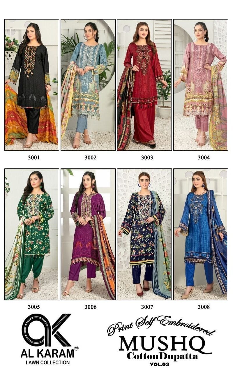 Musq Vol 3 Al Karam Embroidery Wholesale Cotton Dress Material