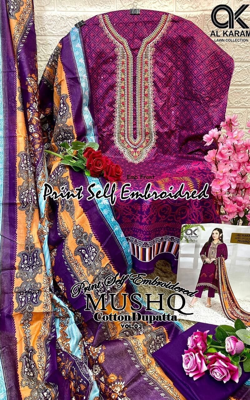 Musq Vol 3 Al Karam Embroidery Wholesale Cotton Dress Material