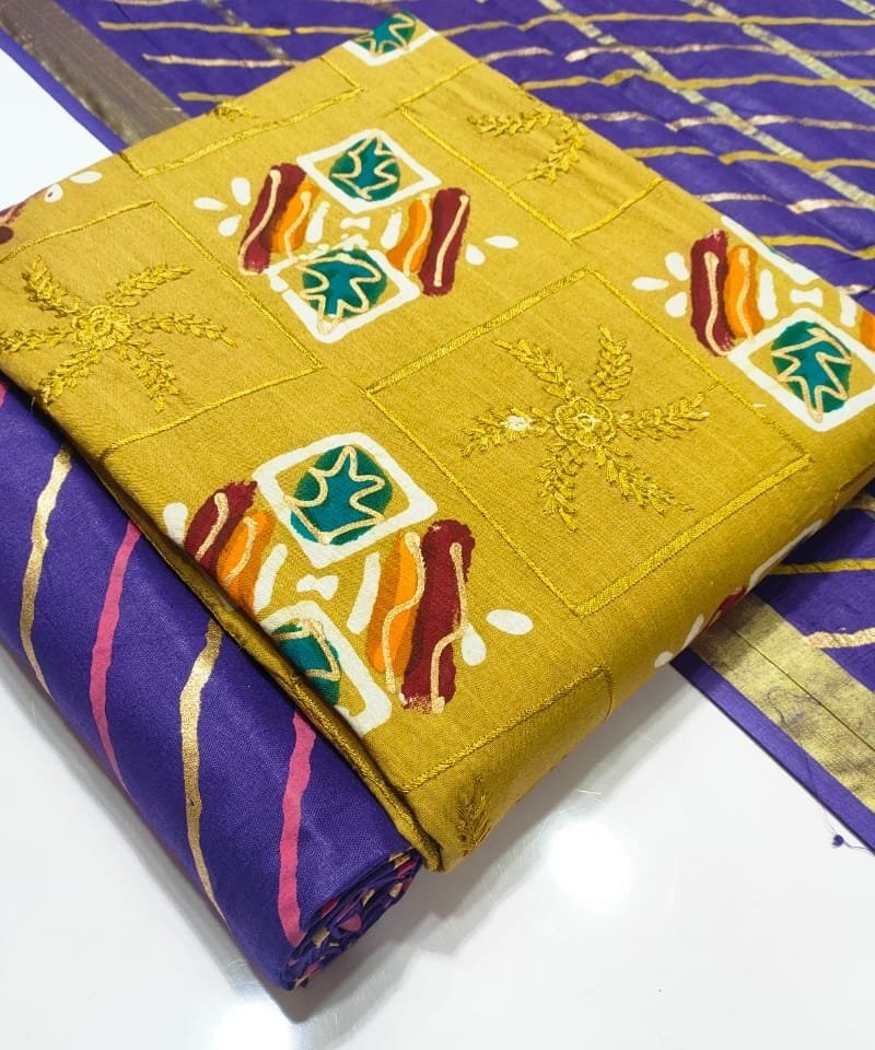 Wax Batik Leriyu Gold With Work Wholesale Cotton Dress Material