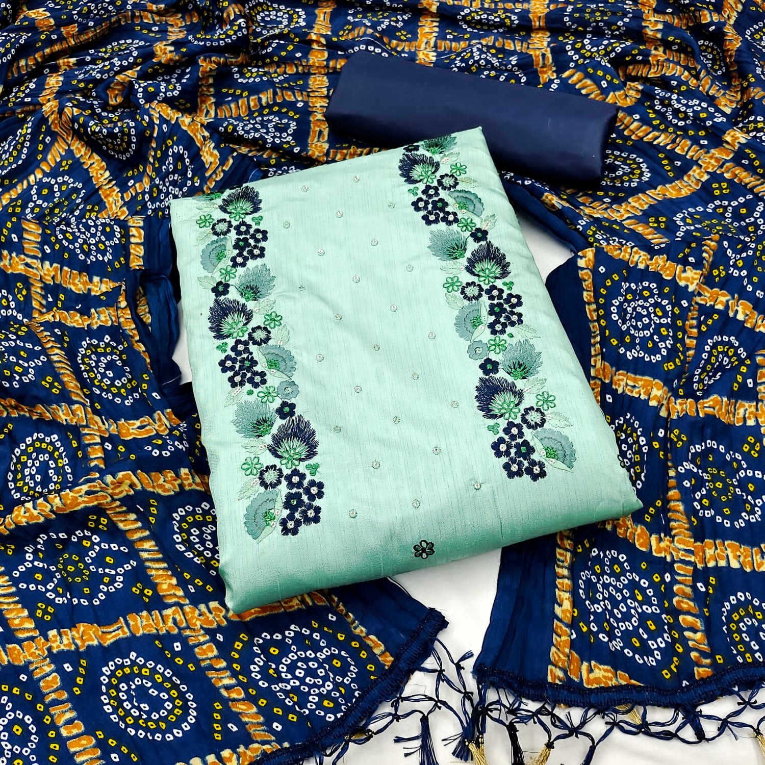 Yellow and gray jaipuri bandhani print cotton dress materials | Kiran's  Boutique