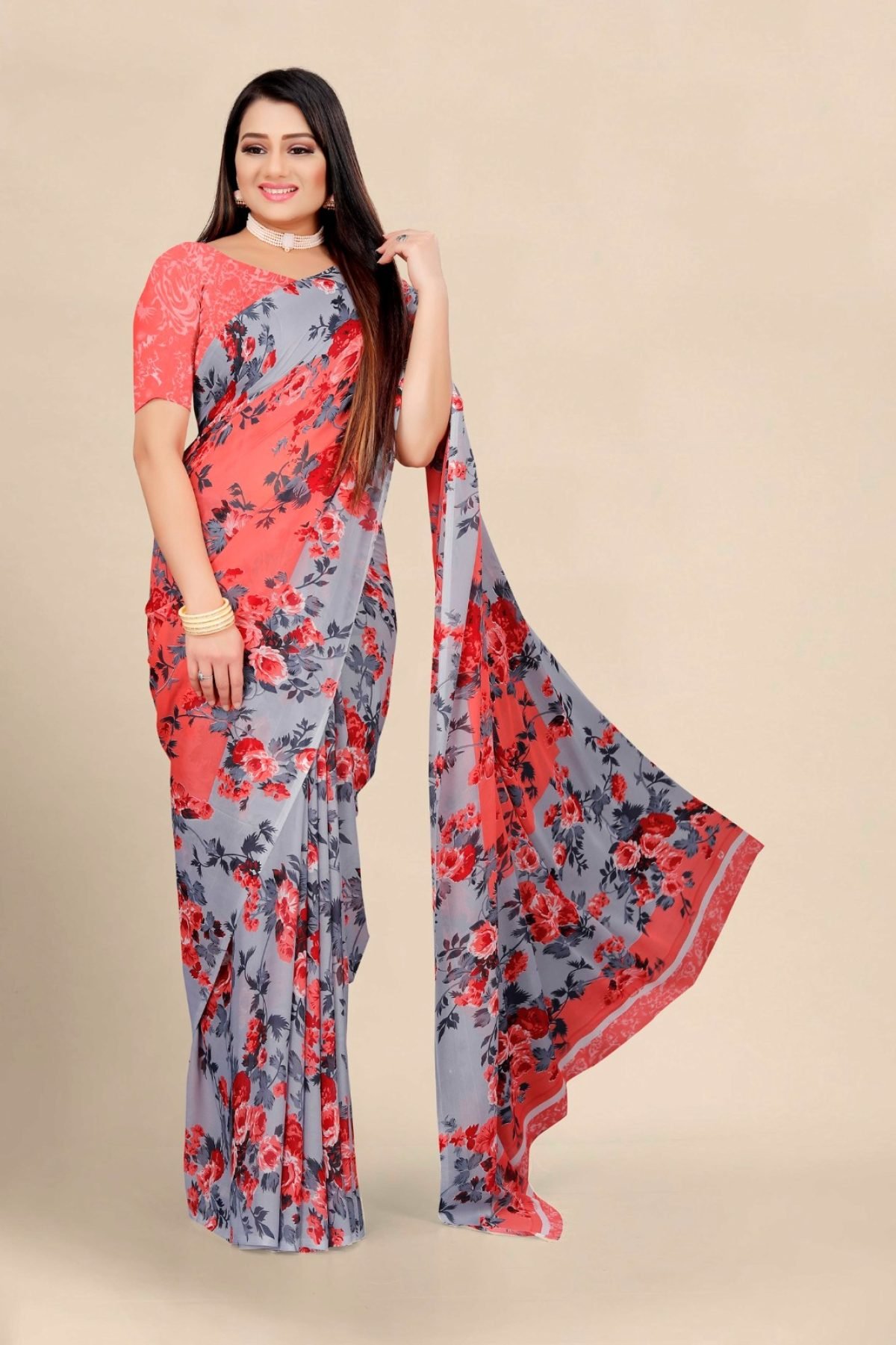 Wholesale Self Design Flower Print Daily Wear Georgette Saree – Tradyl