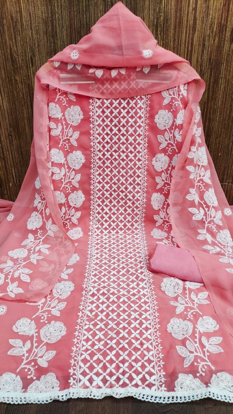 Georgette Lucknow Chiken Work Wholesale Dress Material