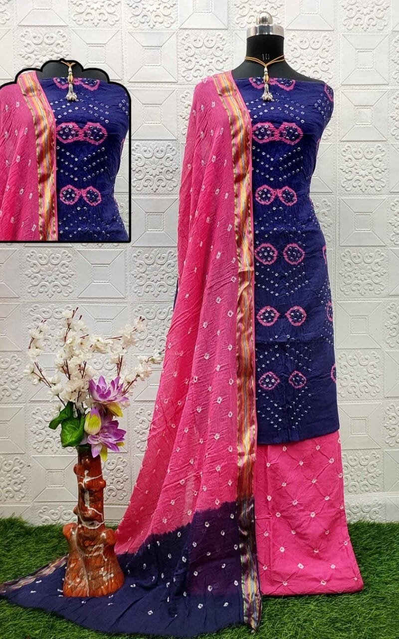 Pure Cotton Hand Bandhej Dress Material with Bottom Dupatta