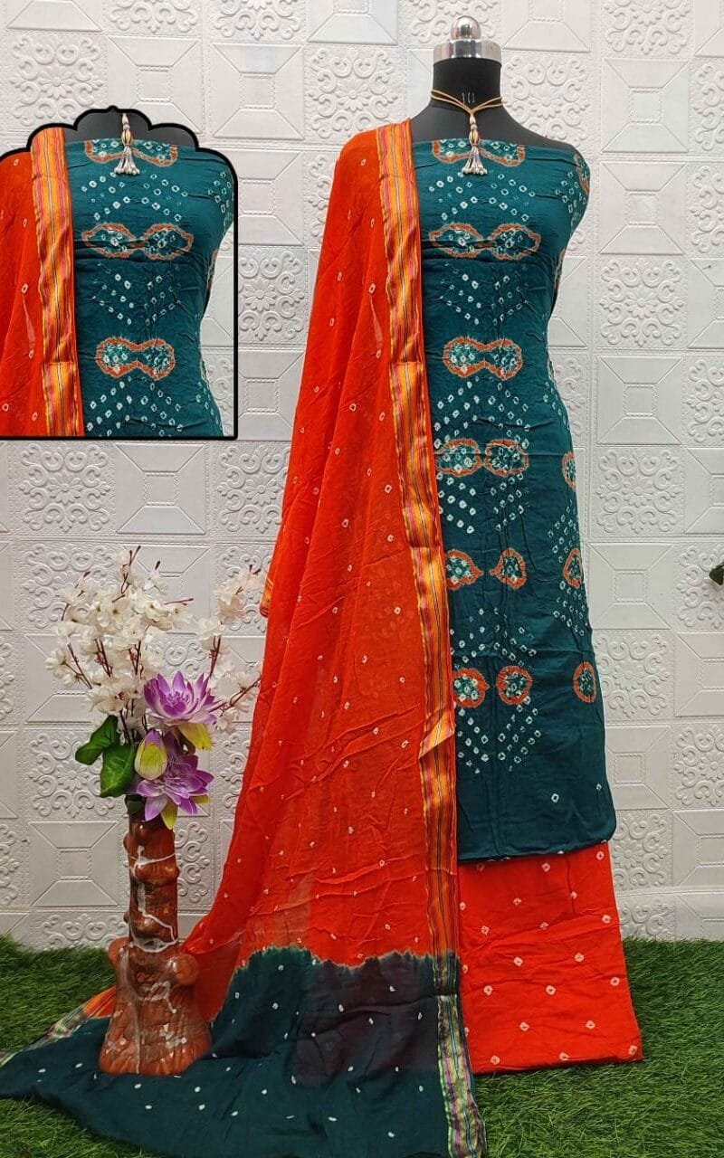 Pure Cotton Hand Bandhej Dress Material with Bottom Dupatta
