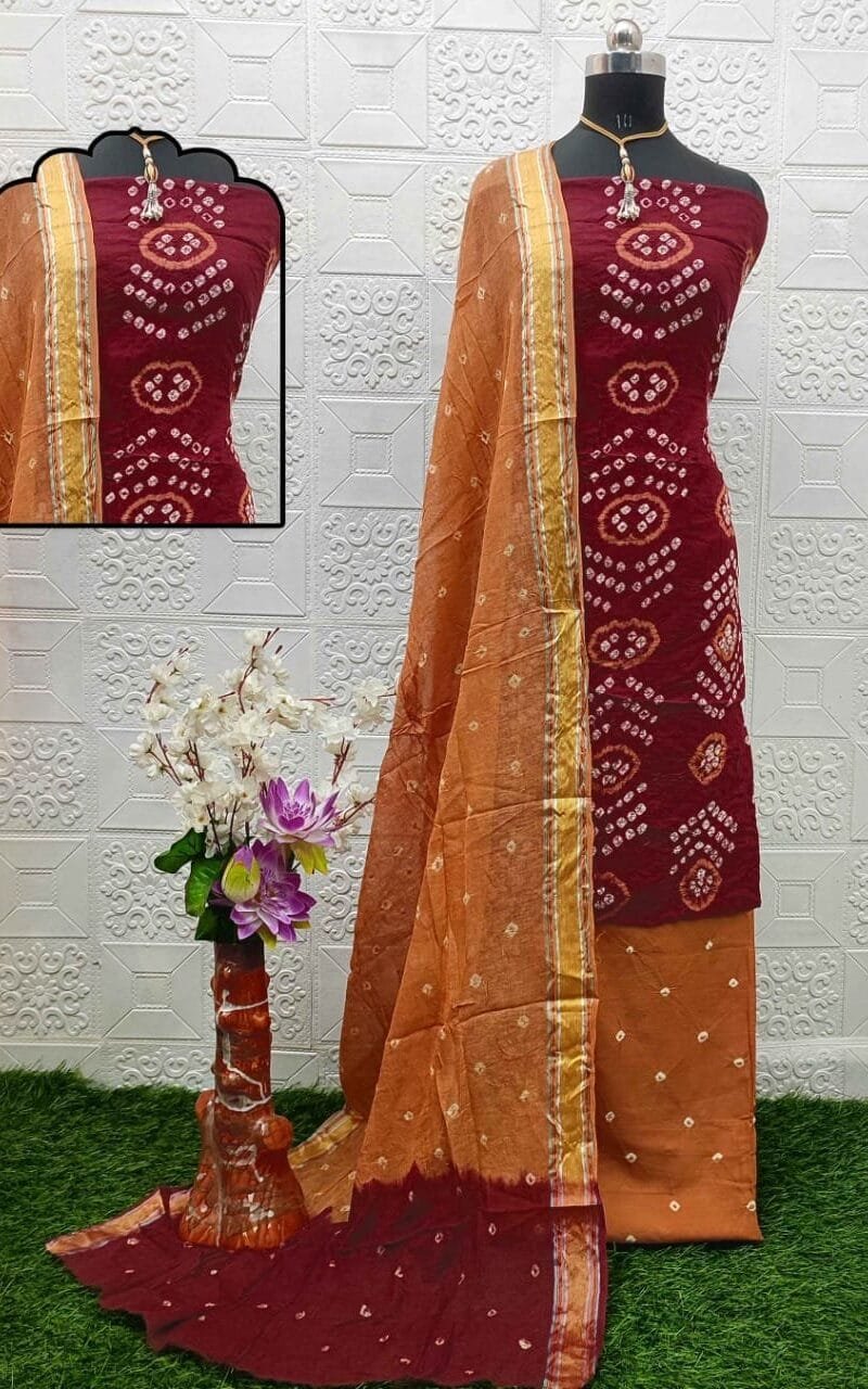 Pure Cotton Hand Bandhej Dress Material with Bottom Dupatta