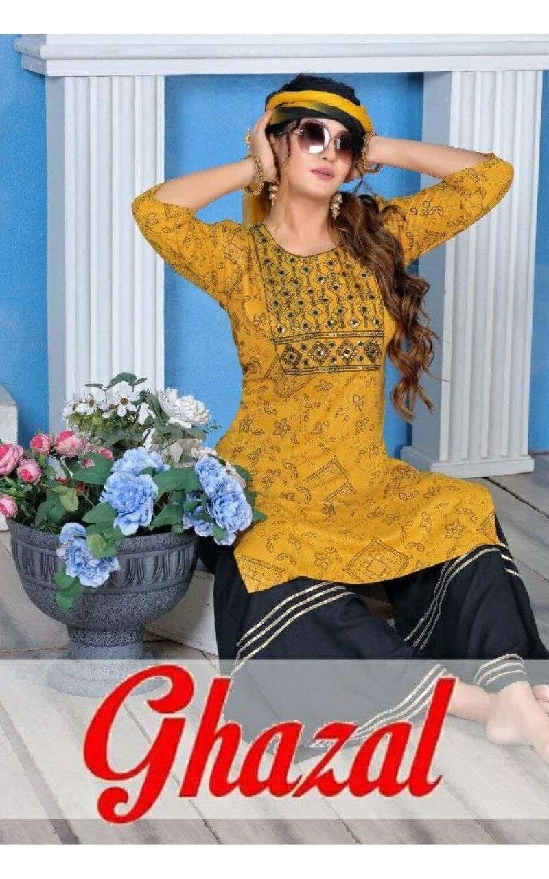 Ghajal Fashion Talk Rayon Work Fancy Kurti Sharara With Dupatta