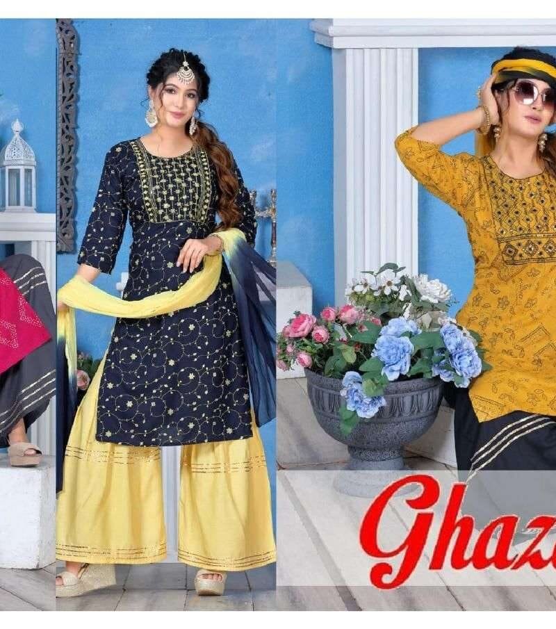 Ghajal Fashion Talk Rayon Work Fancy Kurti Sharara With Dupatta
