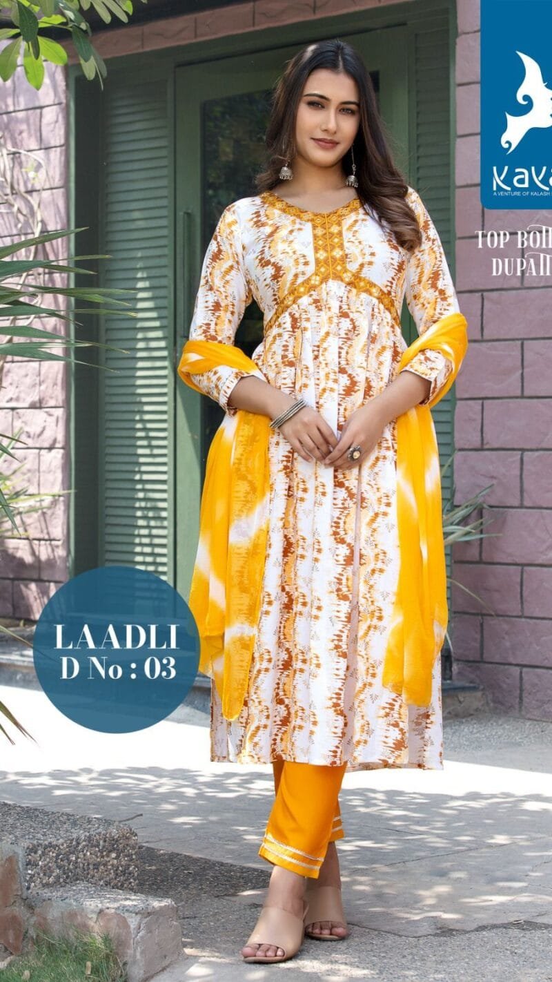 Laadli Rayon Prints 3 Piece Aaliya Cut Kaya Kurti