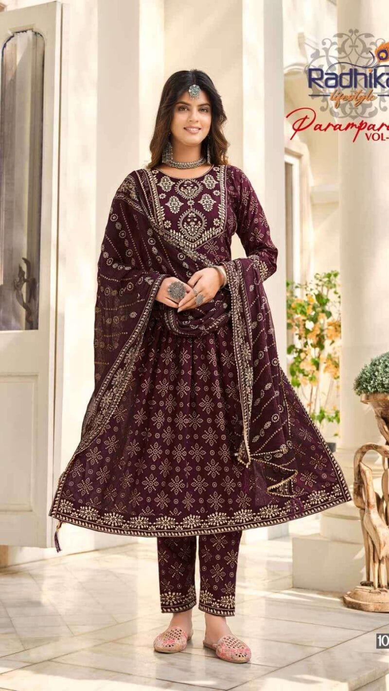 Parampara Radhika Life Style Nayra Cut Gown Kurti Pant With Dupatta