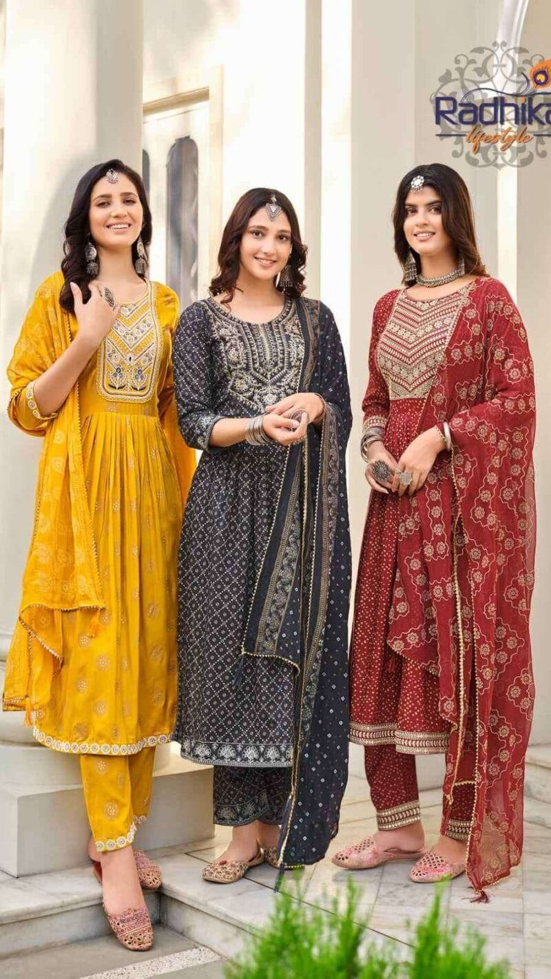 Parampara Radhika Life Style Nayra Cut Gown Kurti Pant With Dupatta