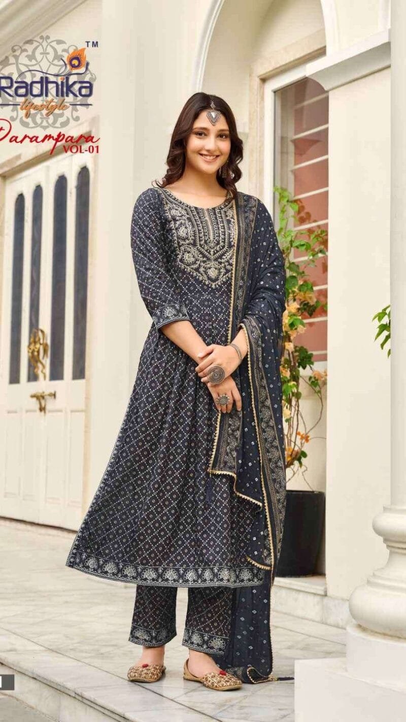 Parampara Radhika Life Style Nayra Cut Gown Kurti Pant With Dupatta