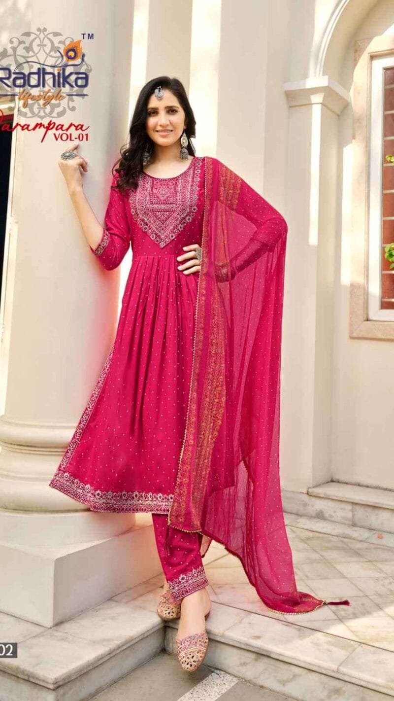 Parampara Radhika Life Style Nayra Cut Gown Kurti Pant With Dupatta