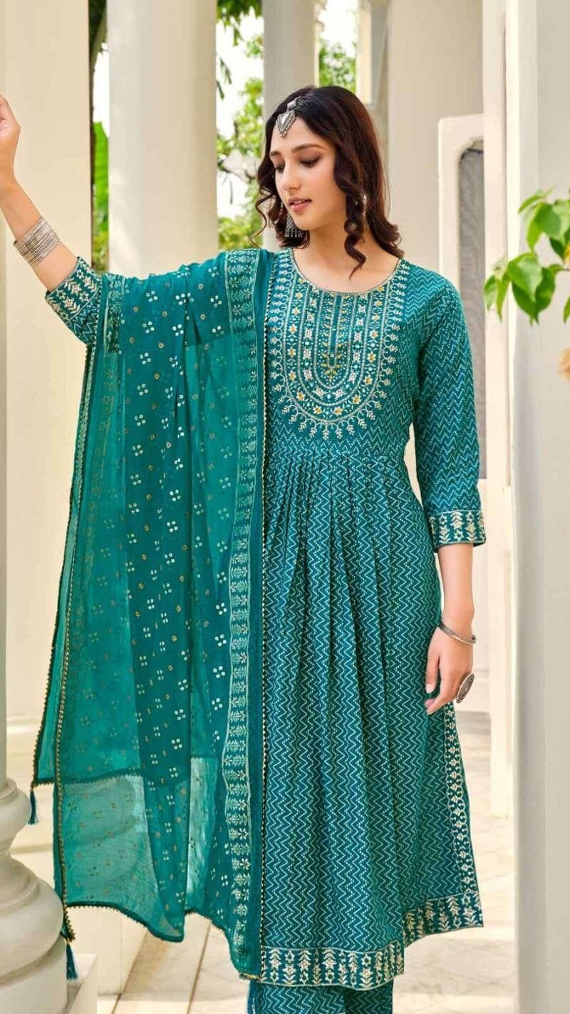 Parampara Radhika Life Style Nayra Cut Gown Kurti Pant With Dupatta