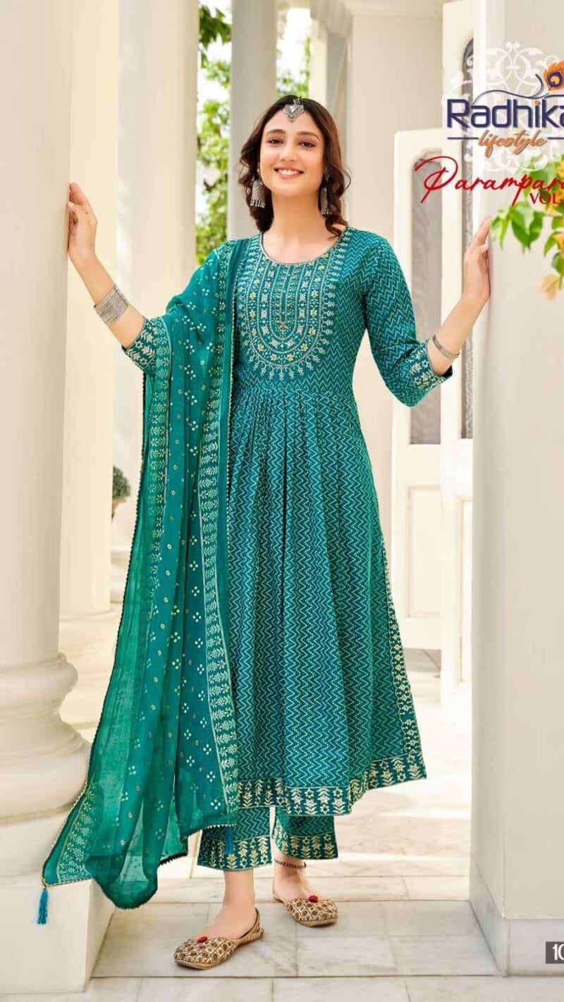 Parampara Radhika Life Style Nayra Cut Gown Kurti Pant With Dupatta