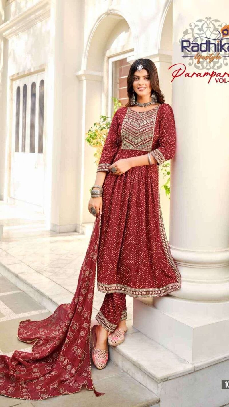 Parampara Radhika Life Style Nayra Cut Gown Kurti Pant With Dupatta
