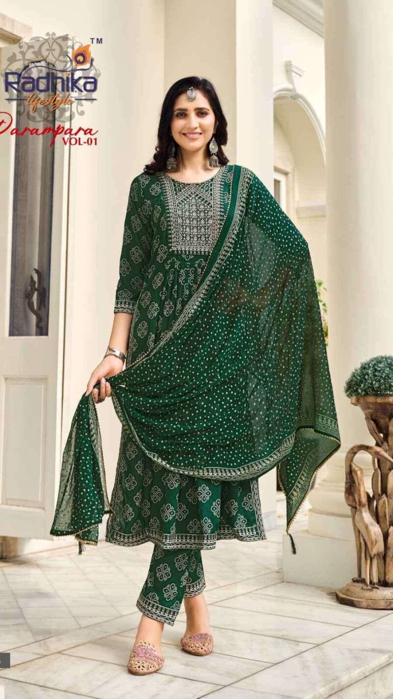 Parampara Radhika Life Style Nayra Cut Gown Kurti Pant With Dupatta