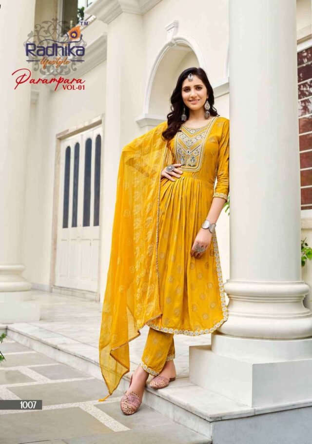Parampara Radhika Life Style Nayra Cut Gown Kurti Pant With Dupatta