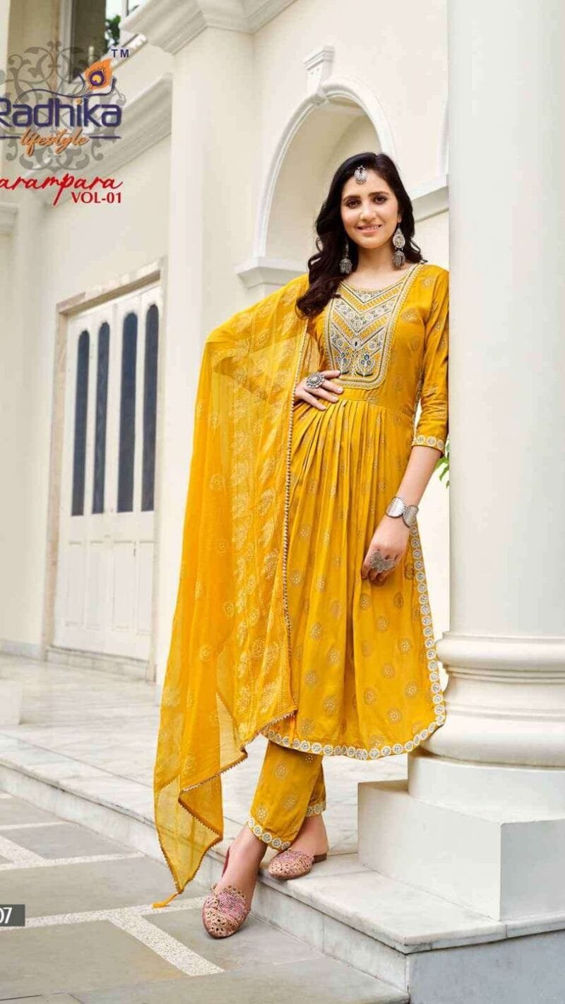 Parampara Radhika Life Style Nayra Cut Gown Kurti Pant With Dupatta