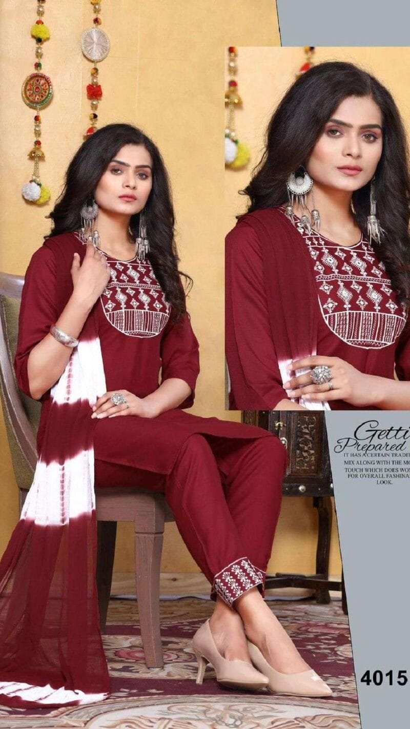 Patterns Rayon Work Kurti Pant With Dupatta Catalogue