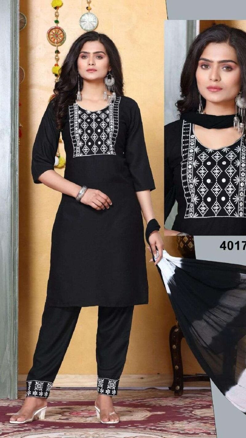 Patterns Rayon Work Kurti Pant With Dupatta Catalogue