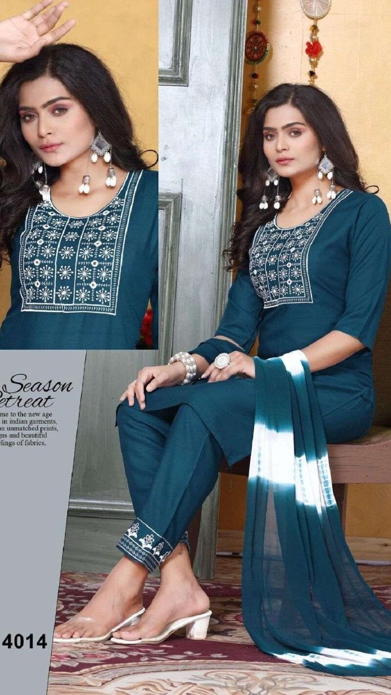 Patterns Rayon Work Kurti Pant With Dupatta Catalogue