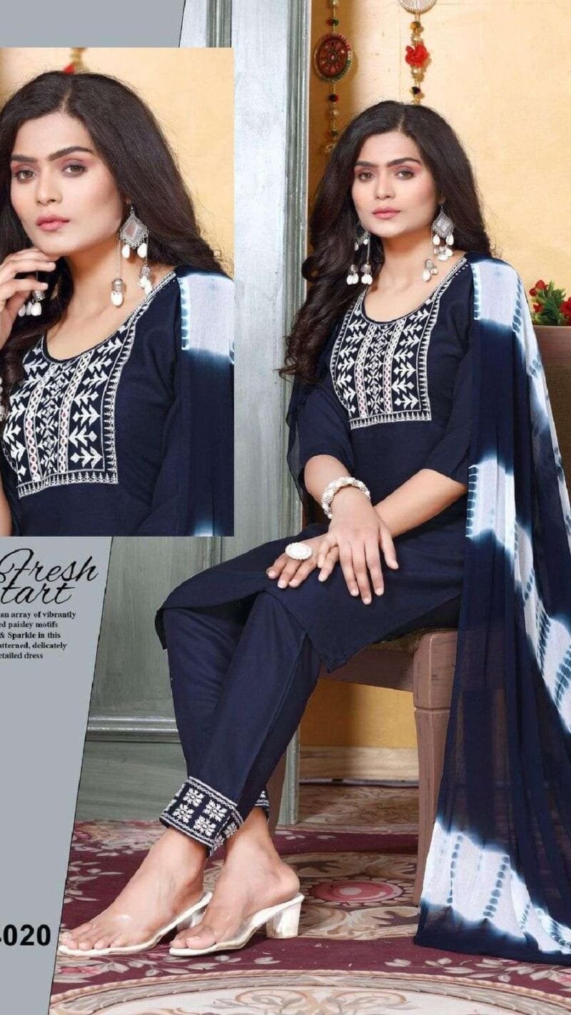 Patterns Rayon Work Kurti Pant With Dupatta Catalogue