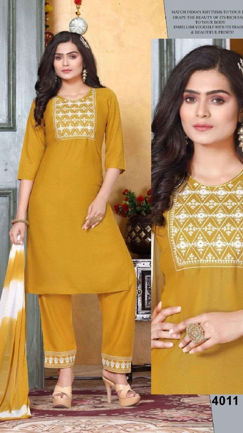 Patterns Rayon Work Kurti Pant With Dupatta Catalogue