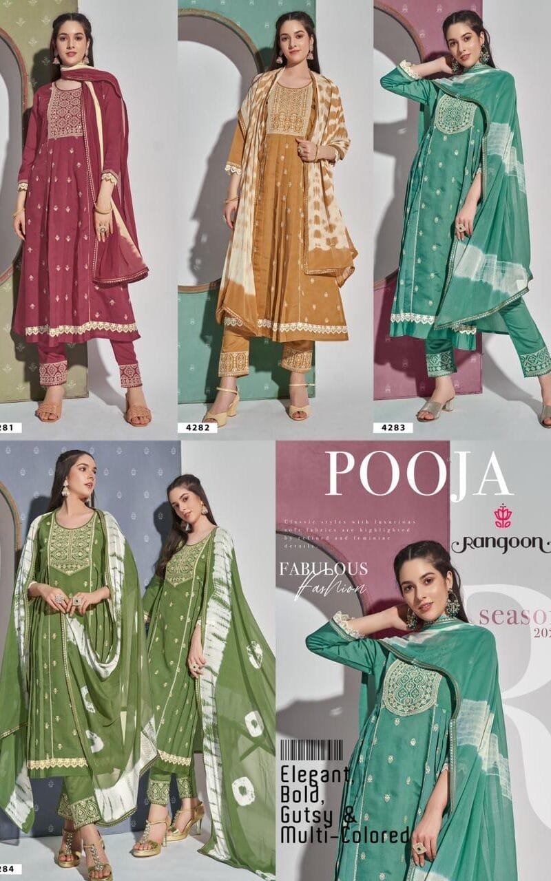 Pooja Rangoon Ready To Wear Suits Viscos With Cotton Embroidery