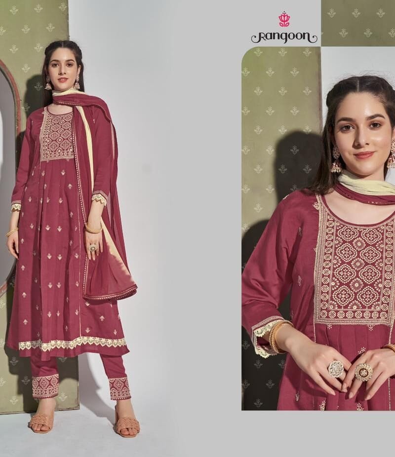 Pooja Rangoon Ready To Wear Suits Viscos With Cotton Embroidery