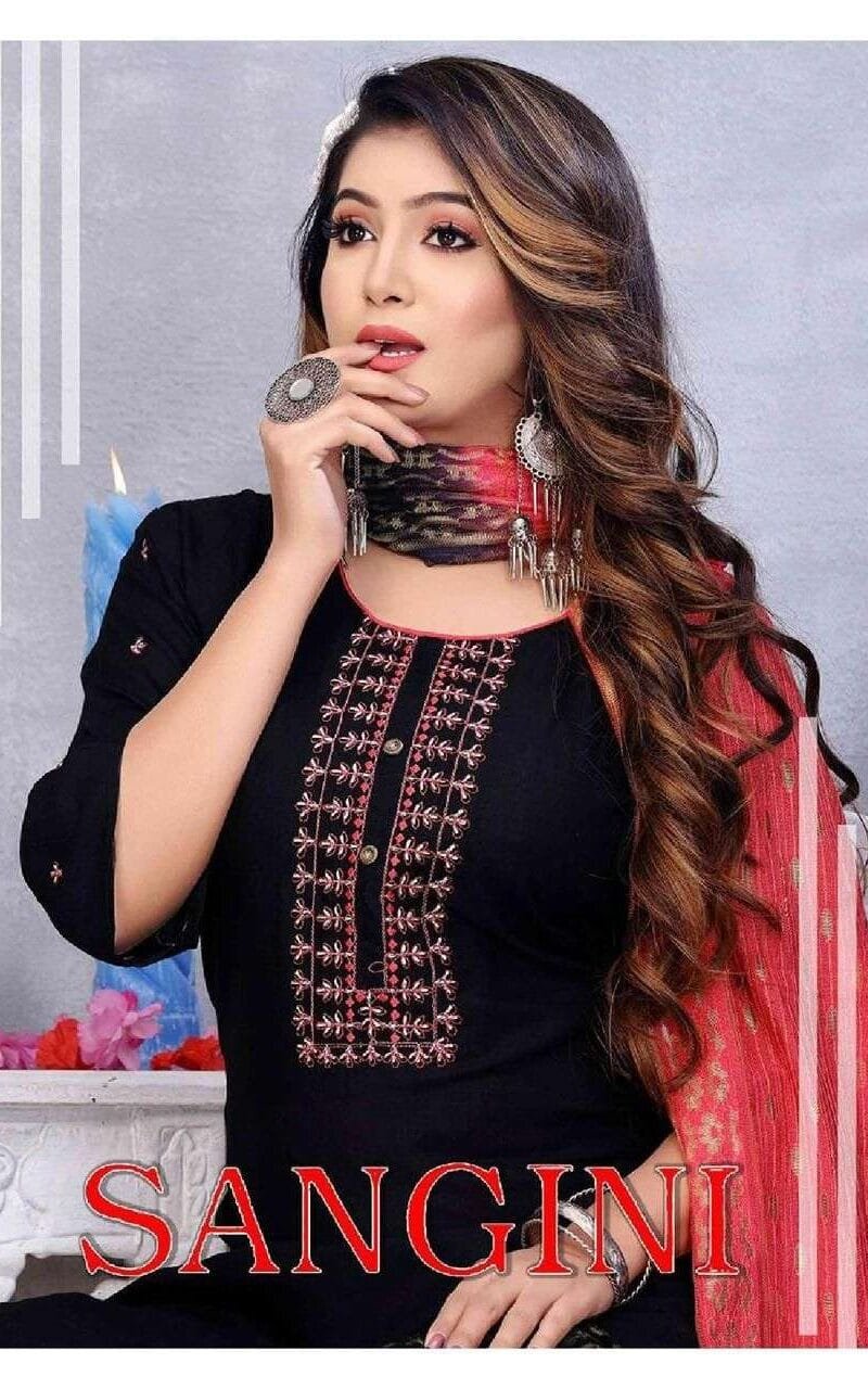 Sangini Fashion Talk New Rayon Work Fancy Kurti Palazzo With Dupatta