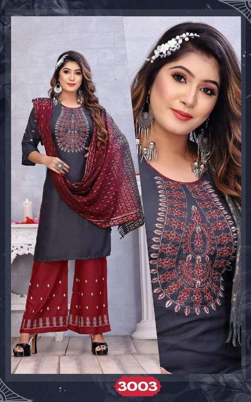 Sangini Fashion Talk New Rayon Work Fancy Kurti Palazzo With Dupatta