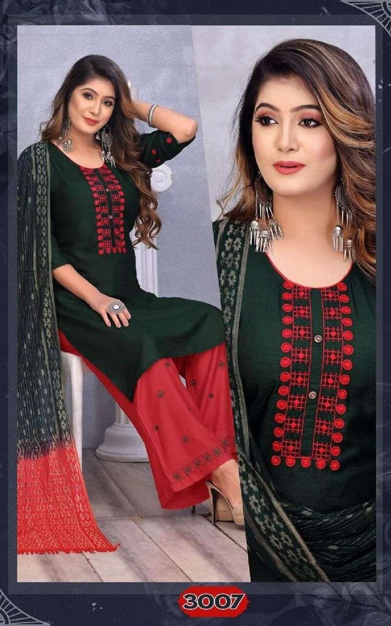 Sangini Fashion Talk New Rayon Work Fancy Kurti Palazzo With Dupatta