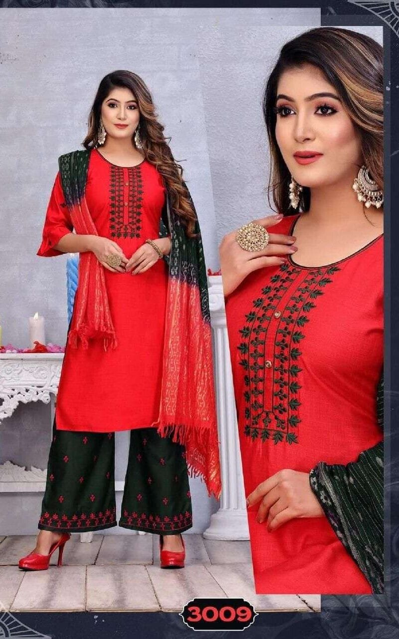 Sangini Fashion Talk New Rayon Work Fancy Kurti Palazzo With Dupatta