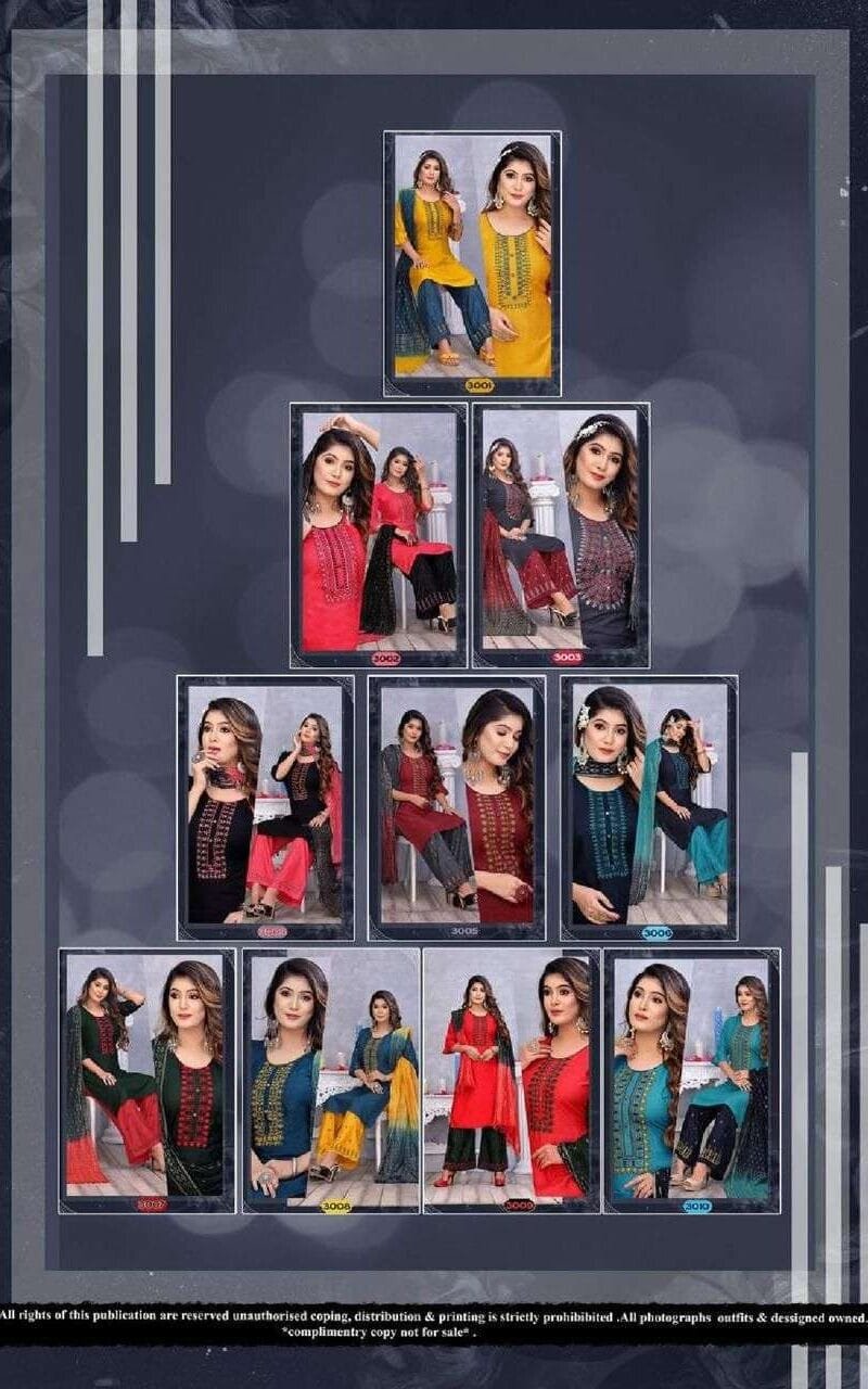 Sangini Fashion Talk New Rayon Work Fancy Kurti Palazzo With Dupatta