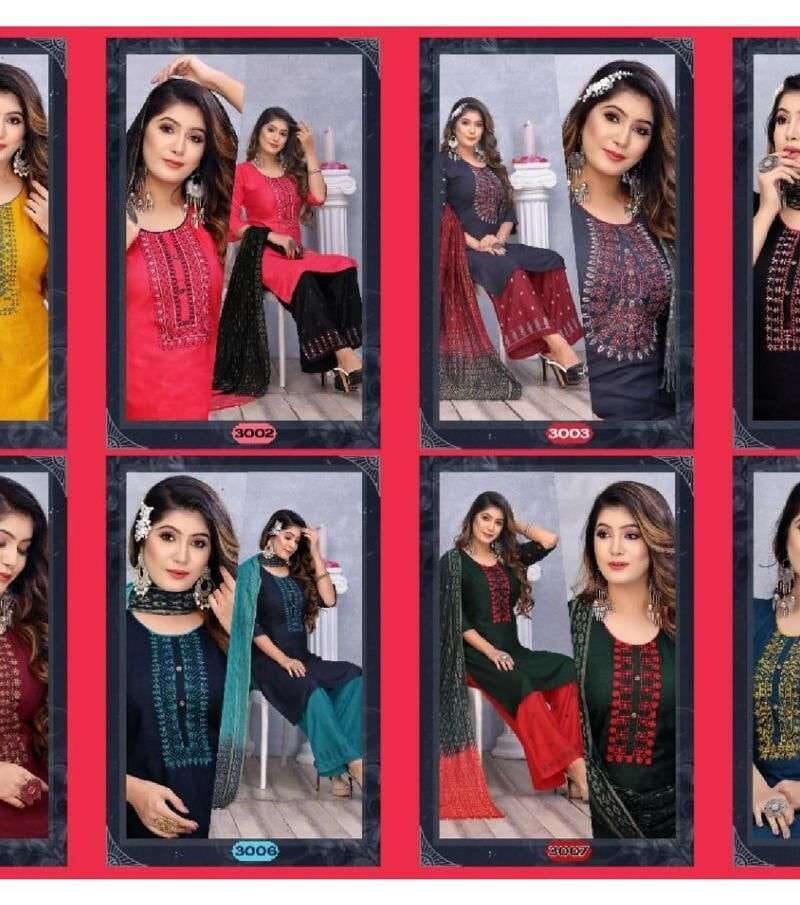 Sangini Fashion Talk New Rayon Work Fancy Kurti Palazzo With Dupatta