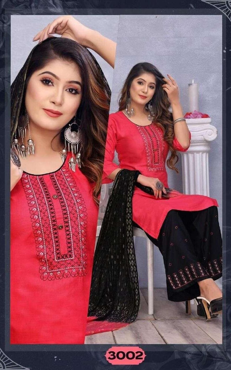 Sangini Fashion Talk New Rayon Work Fancy Kurti Palazzo With Dupatta