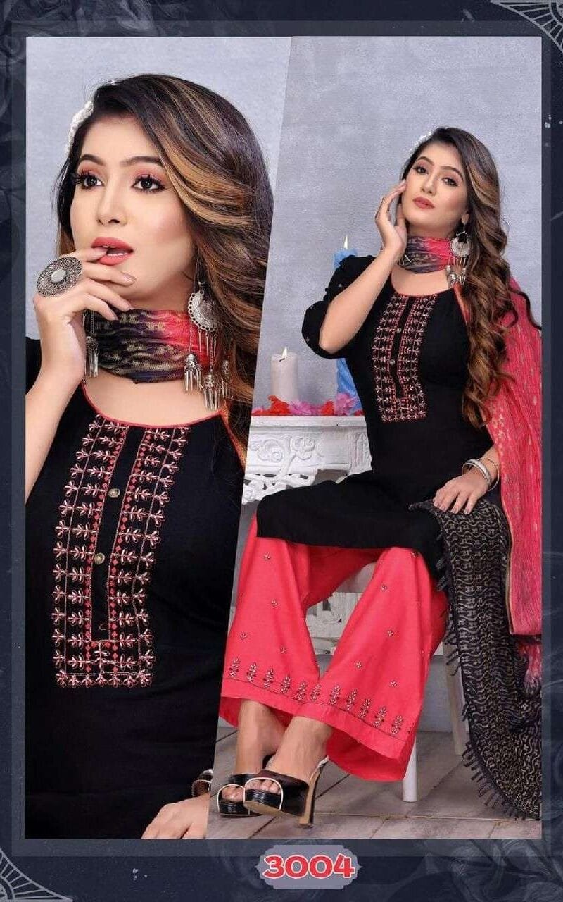 Sangini Fashion Talk New Rayon Work Fancy Kurti Palazzo With Dupatta