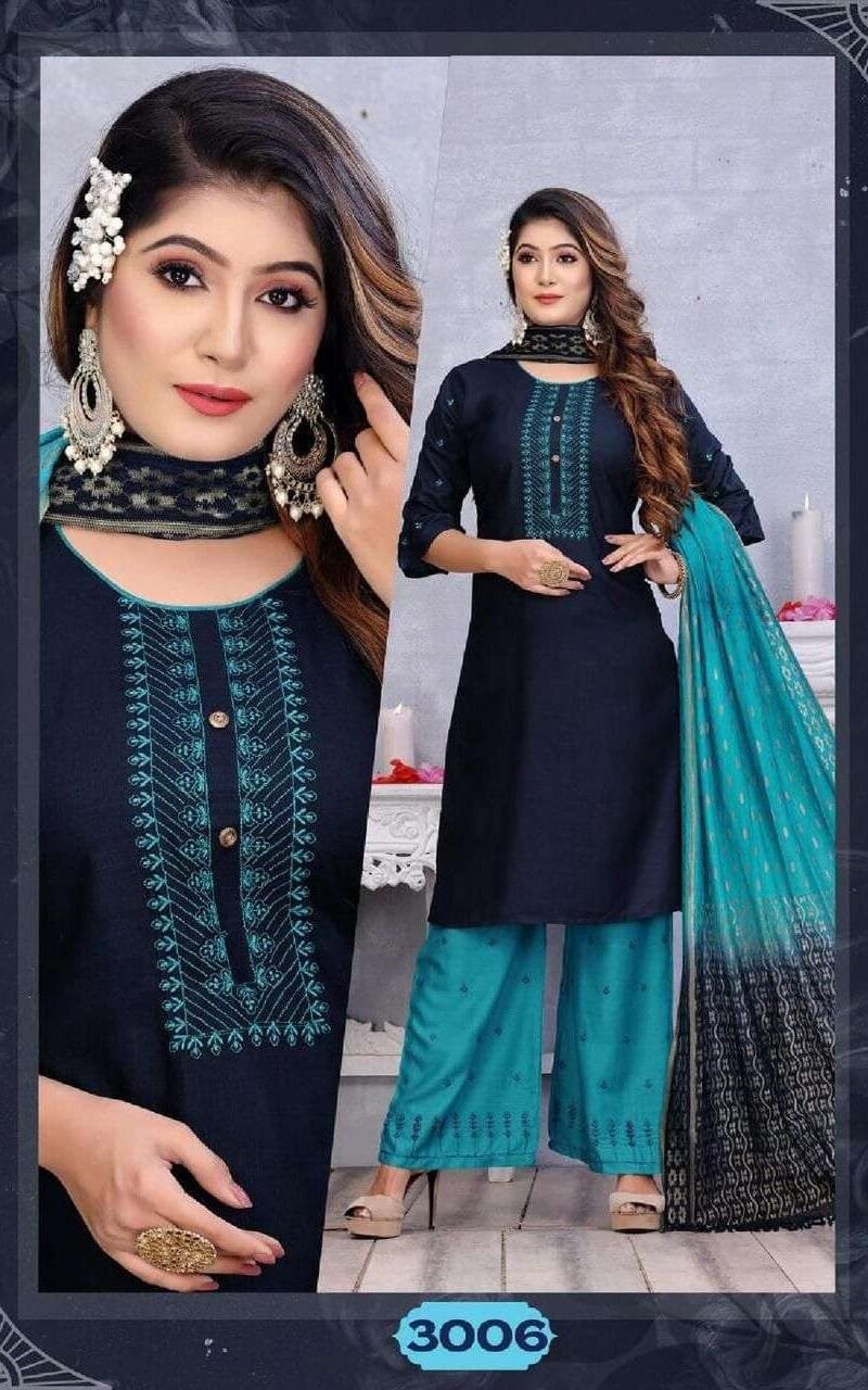Sangini Fashion Talk New Rayon Work Fancy Kurti Palazzo With Dupatta