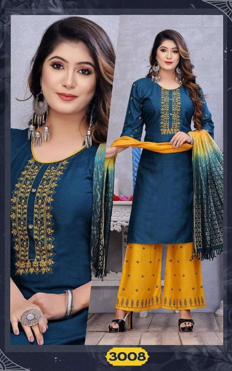 Sangini Fashion Talk New Rayon Work Fancy Kurti Palazzo With Dupatta