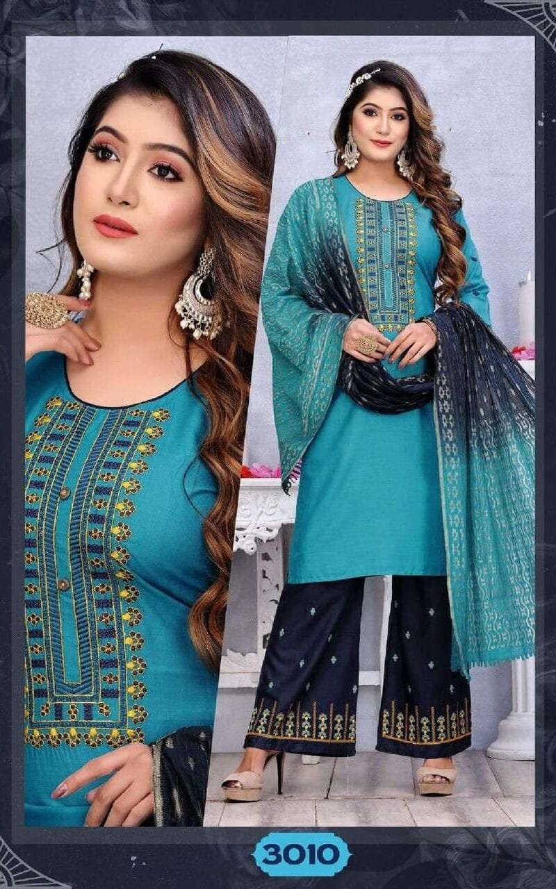 Sangini Fashion Talk New Rayon Work Fancy Kurti Palazzo With Dupatta